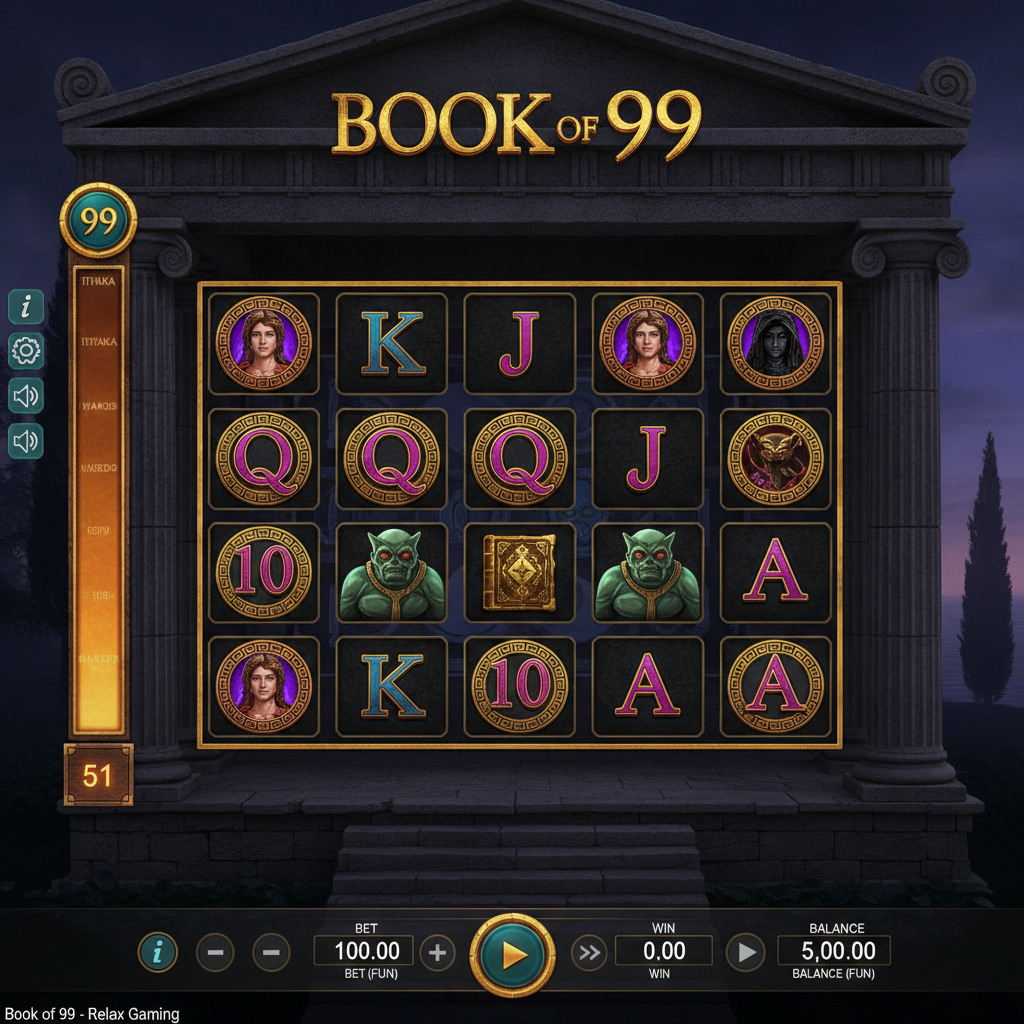 Book of 99 slot z motywem mitologii greckiej, starożytna świątynia z kolumnami, siatka bębnów 5x3 z symbolami bohaterów, Cyklopa, czarodziejki i złotej księgi Wild
