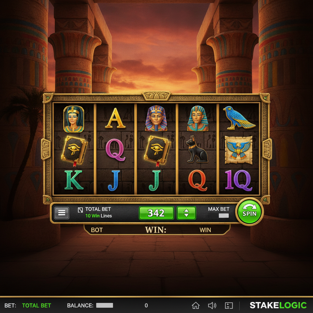 Book of Cleopatra slot z egipskim motywem, złota księga z Okiem Ra, symbole Kleopatry, faraona i Anubisa na 5 bębnach