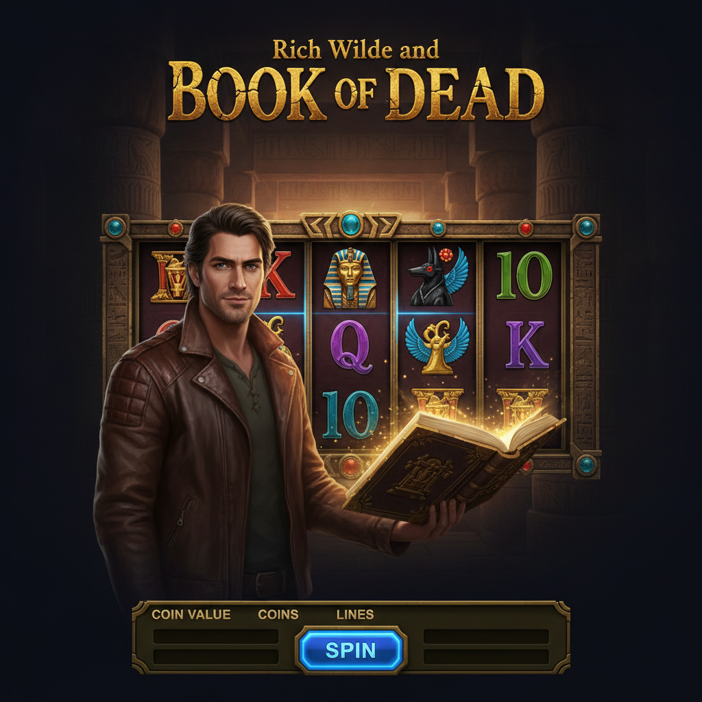 Rich Wilde and the Book of Dead – poszukiwacz przygód w starożytnej egipskiej świątyni z hieroglifami, złotą Księgą Umarłych, symbolami Anubisa, Horusa i faraona na 5 bębnach