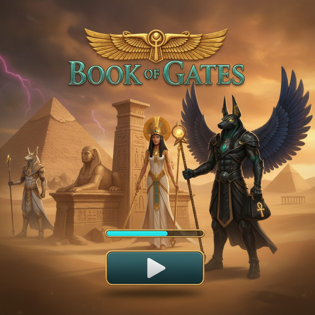 Book of Gates automat - starożytny Egipt z Anubisem, piramidami, symbolami bóstw i złotą Księgą Bram