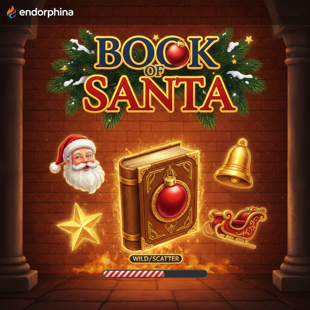 Book of Santa - świąteczny slot z symbolami Świętego Mikołaja, złotego dzwonka, gwiazdki, sań oraz magicznej księgi jako scatter i wild