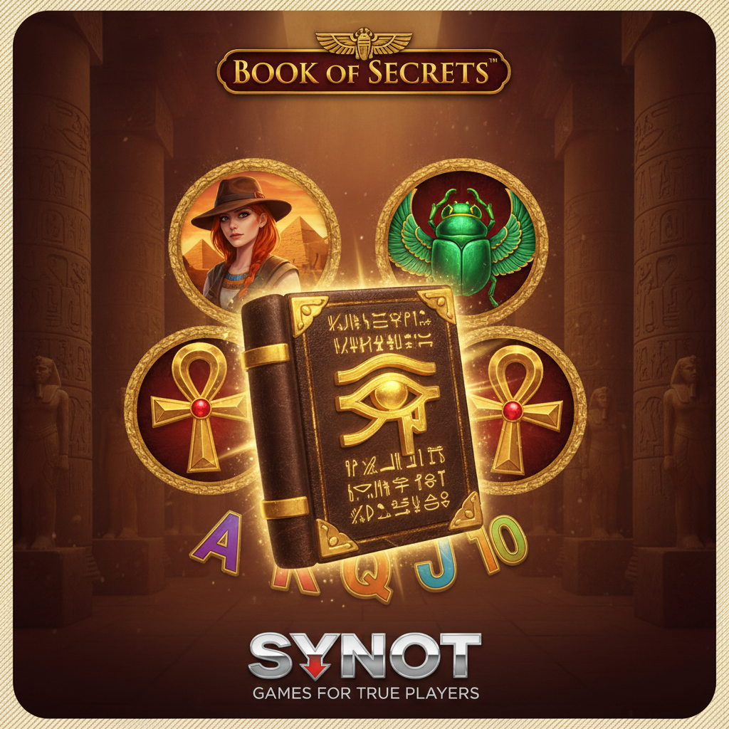 Book of Secrets slot z motywem starożytnego Egiptu, złota księga z Okiem Horusa, symbole eksploratora, faraona i skarabeusza