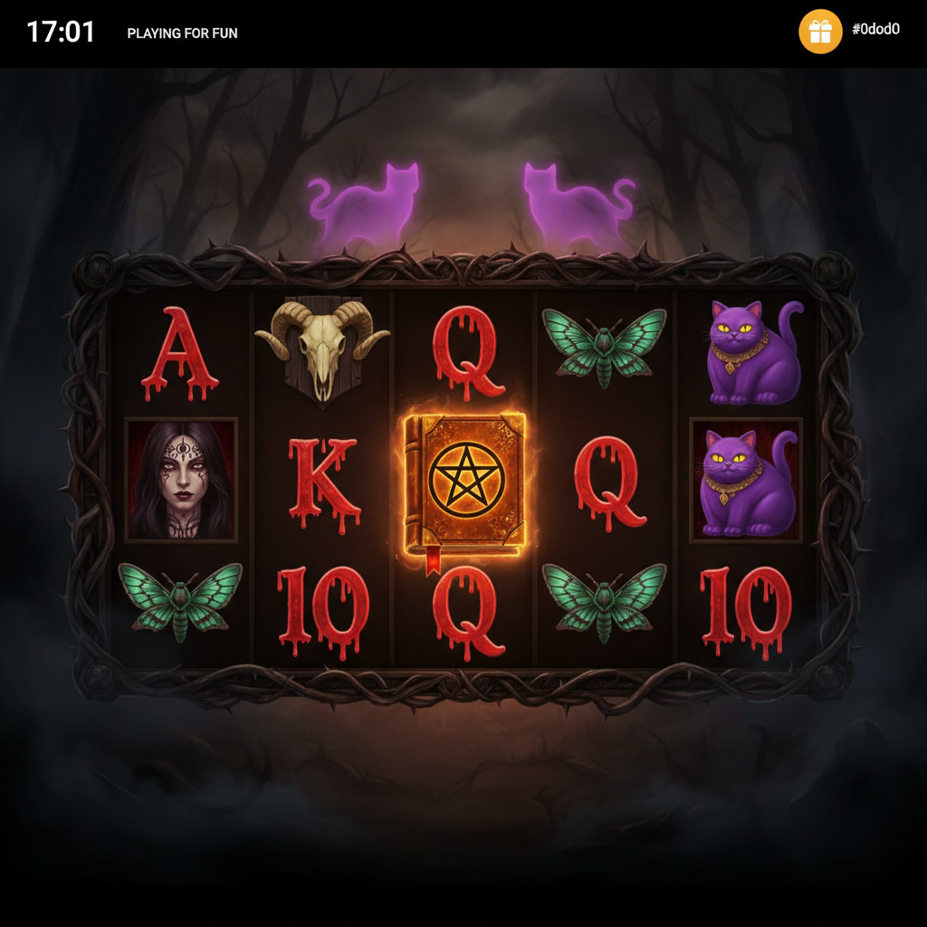 Book of Shadows – slot z okultystycznym motywem, księga z pentagramem, purpurowy kot i symbole czarów