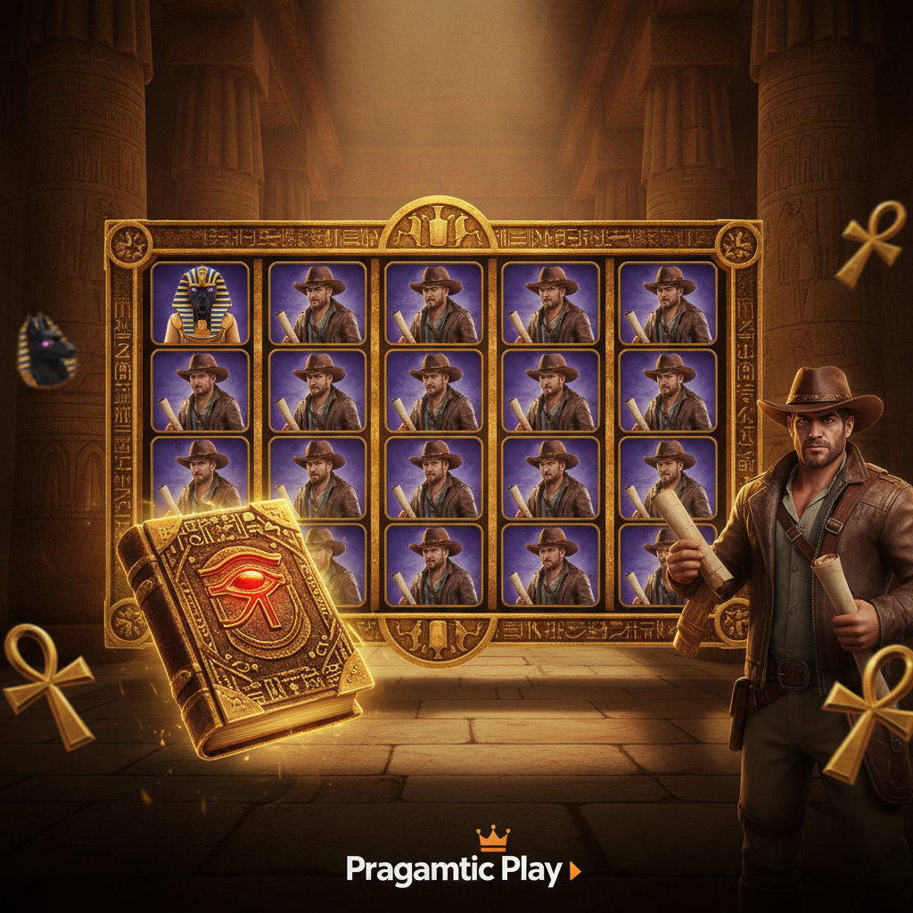 Book of the Fallen slot z egipskim eksploratorem w kapeluszu kowbojskim, złotą księgą z czerwonym okiem Ra, symbolami faraona, Anubisa i hieroglifami w starożytnej świątyni