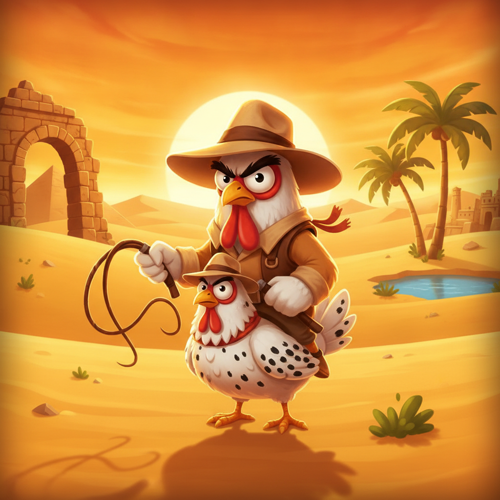 Book of Crazy Chicken - kurczak przebrany za odkrywcę z batem w egipskiej pustyni z piramidami i palmami na tle zachodu słońca