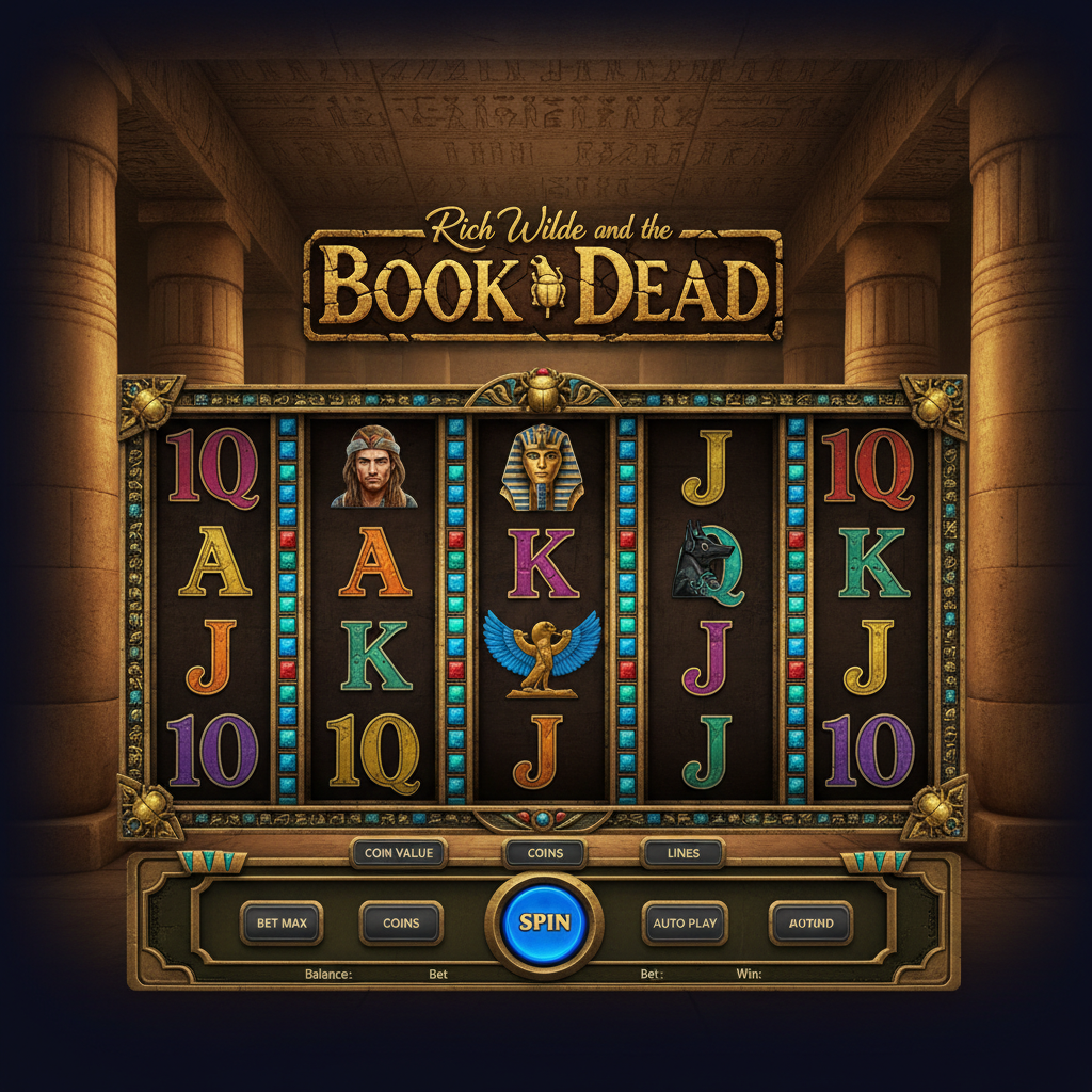 Rich Wilde and the Book of Dead - slot z egipskim tematem, złote hieroglify, książka umarłych, bóstwo Anubis i symbole faraonów na 5 bębnach